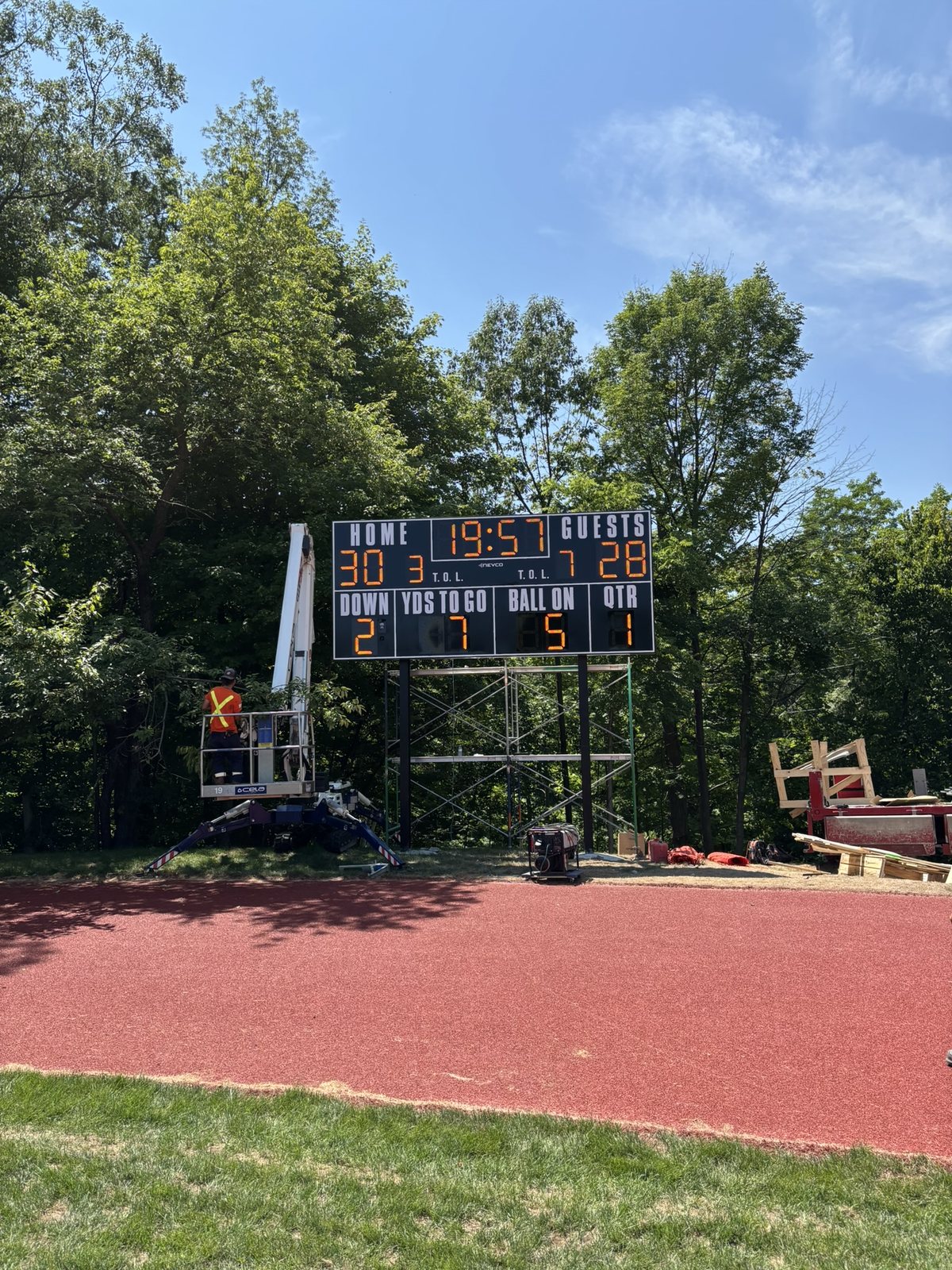 Scoreboard with aerial lift on site