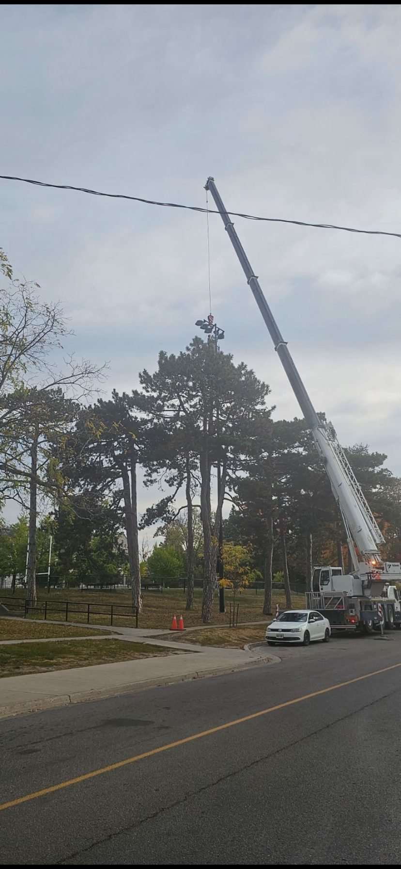 Crane installing park lighting