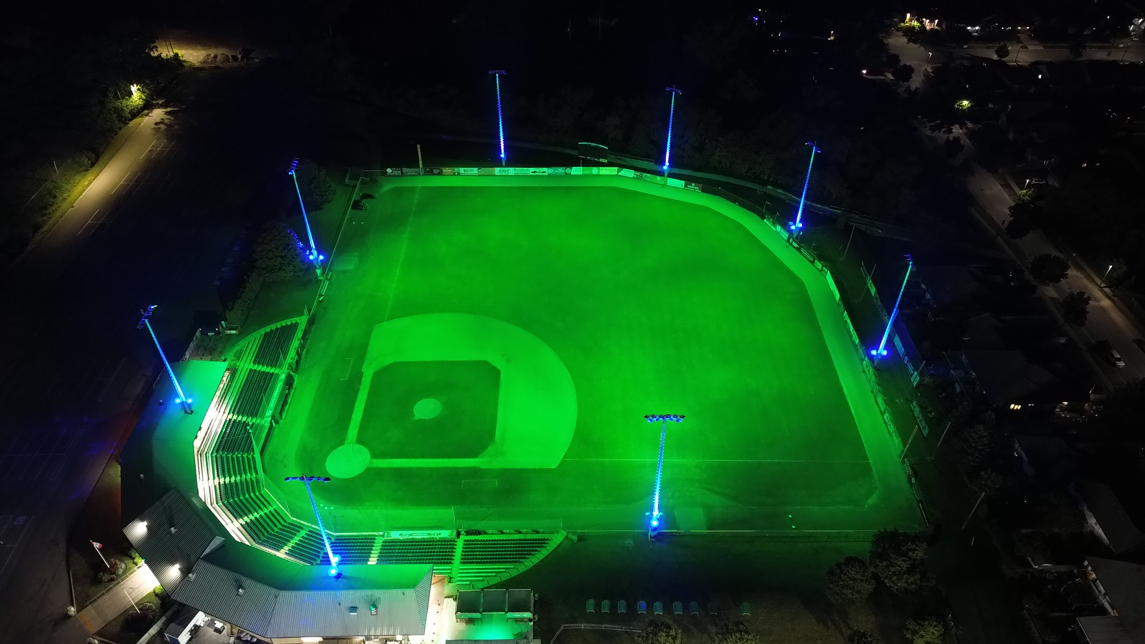 Welland Jackfish ballpark lighting — night aerial